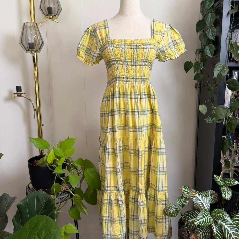 Yellow Plaid Milkmaid Maxi Dress Smocked Puffy Sleeve Cottagecore L XL
